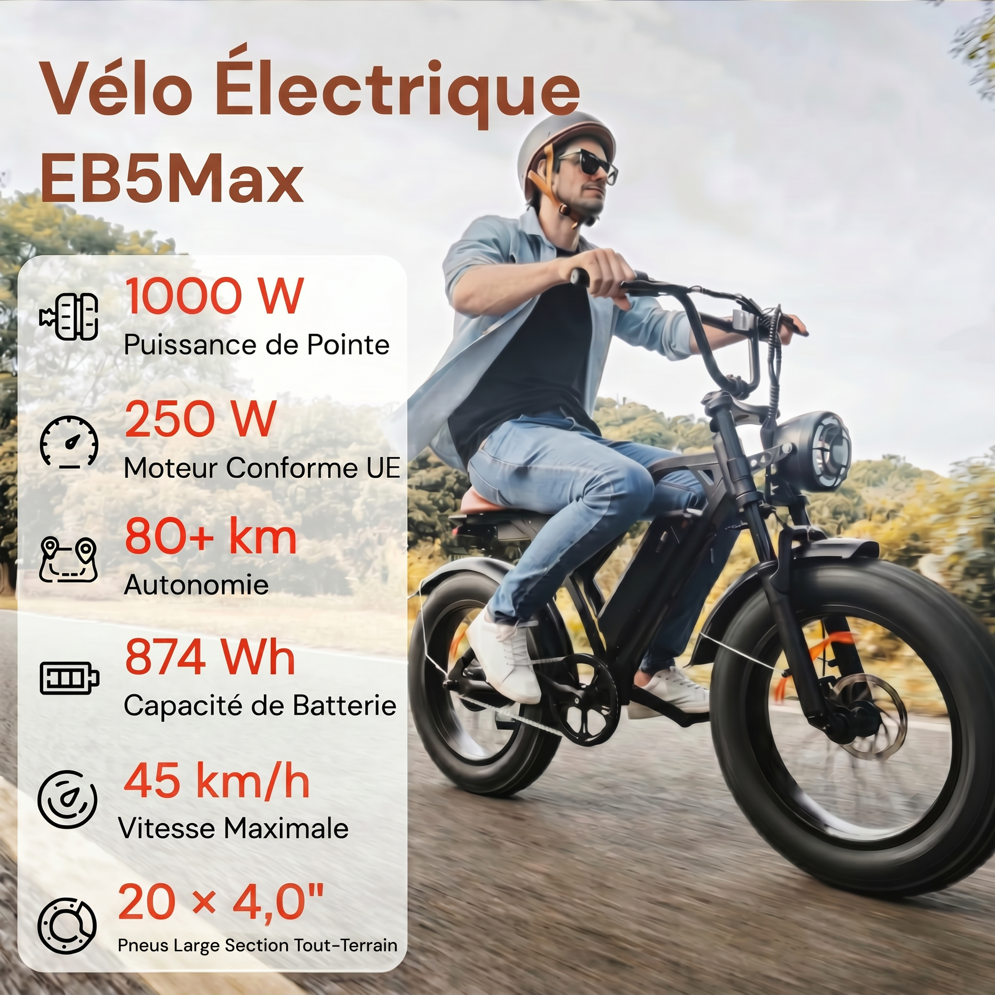 Vélo électrique rétro EB5Max à gros pneus de 20 pouces