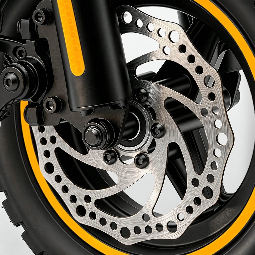 W9 Air's front wheel with a ventilated disc brake and black caliper. The design highlights precision stopping power, safety, and durability, ensuring confident control in every ride.