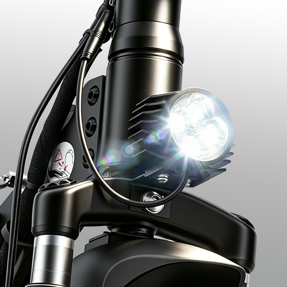 W9 Air's front LED headlight, built with a metallic housing and heat‑dissipating fins, shines brightly with three bulbs. Visible wiring and sturdy fork design emphasize durability, precision engineering, and reliable night‑ride visibility.