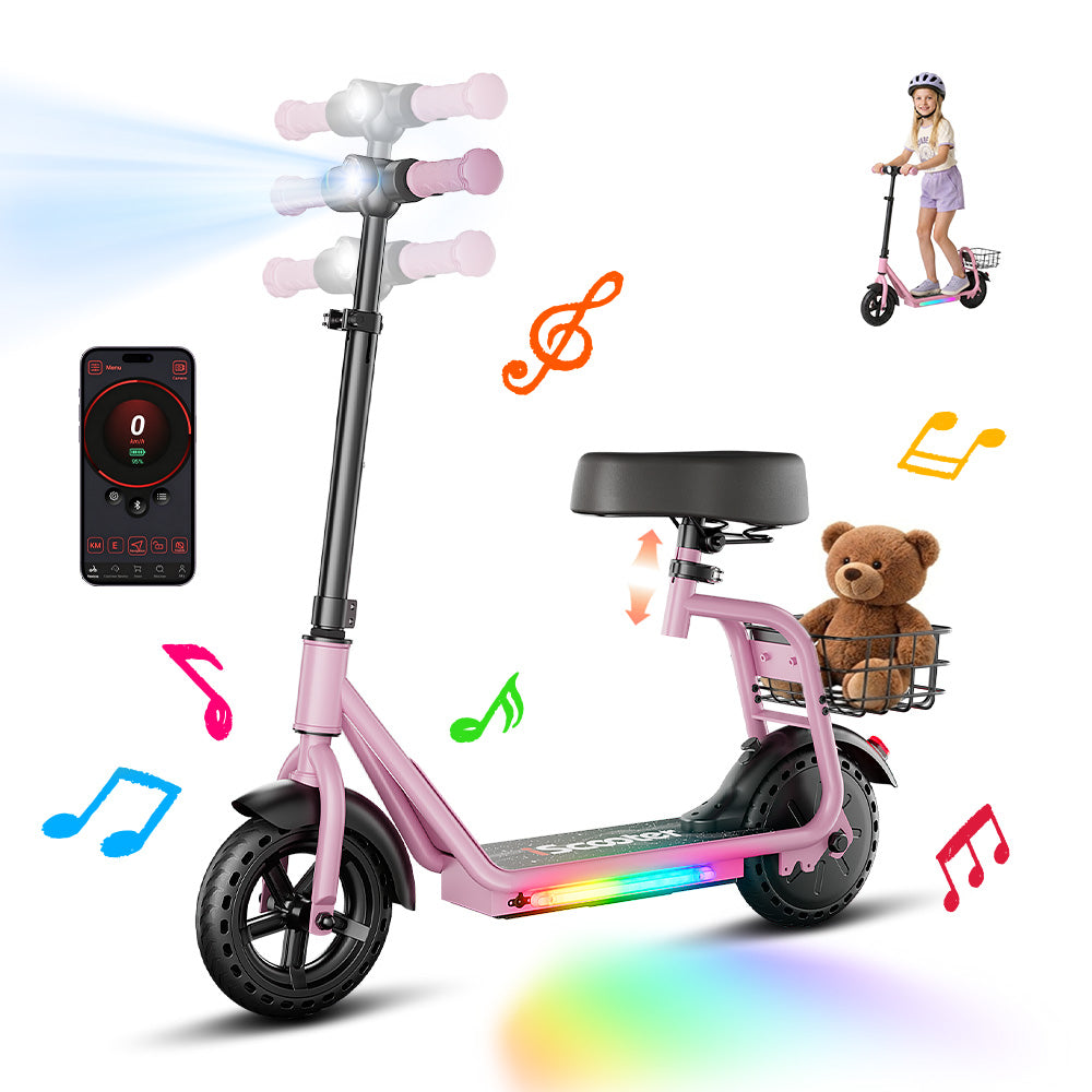 Pink kids’ electric scooter with a rear basket, colorful LED deck lights, and app connectivity features. The image highlights adjustable handlebars, built-in music and light effects, a smartphone control app, and a child riding the scooter while wearing a helmet. A teddy bear in the basket and musical note icons emphasize fun and child-friendly design.