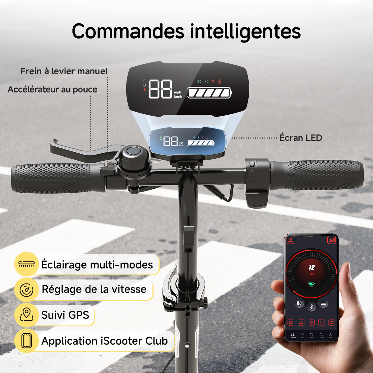 Trottinette électrique enfant iScooter iK5 à hauteur réglable, avec Bluetooth et contrôle via application mobile