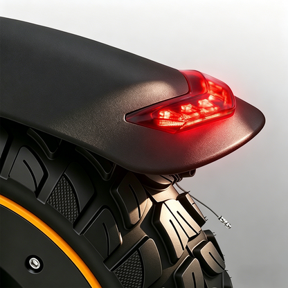 W9 Air's rear section with a glowing red tail light above the thick tread tire and sleek matte fender. The illuminated light emphasizes visibility, safety, and modern design, making the scooter stand out with a bold, futuristic look.