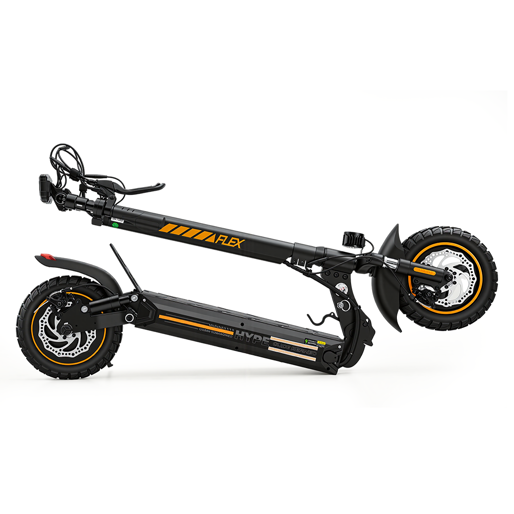 W9 Air scooter shown in a compact folded position, with handlebars aligned to the frame and thick tires visible. The design emphasizes portability, easy storage, and urban convenience, making folding a signature feature of its engineering.