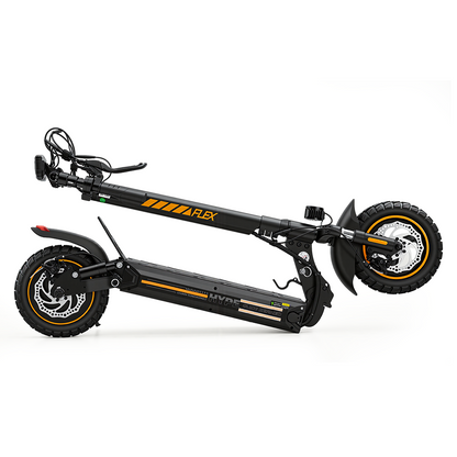 W9 Air scooter shown in a compact folded position, with handlebars aligned to the frame and thick tires visible. The design emphasizes portability, easy storage, and urban convenience, making folding a signature feature of its engineering.