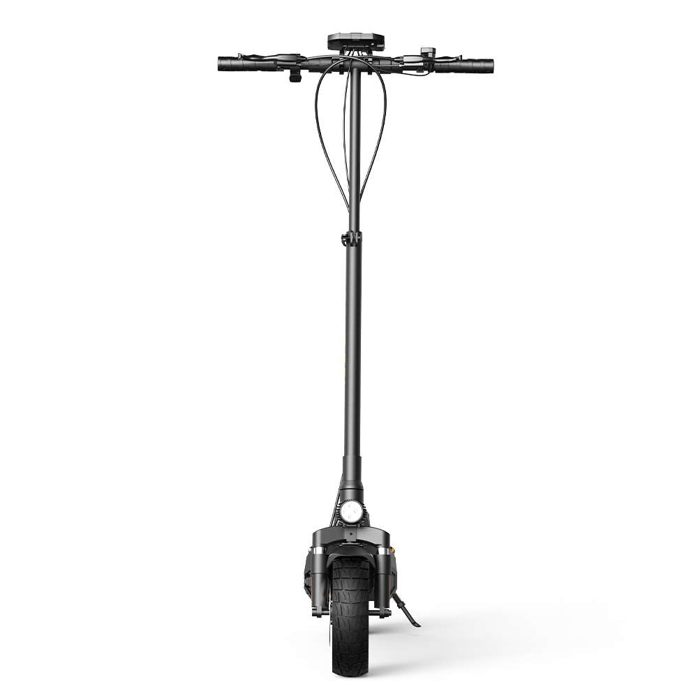 W9 Air scooter from the front, with a thick‑tread wheel, vertical stem, handlebars, and circular headlight. The design highlights compact engineering, modern style, and reliable performance, presenting a clean commuter look.