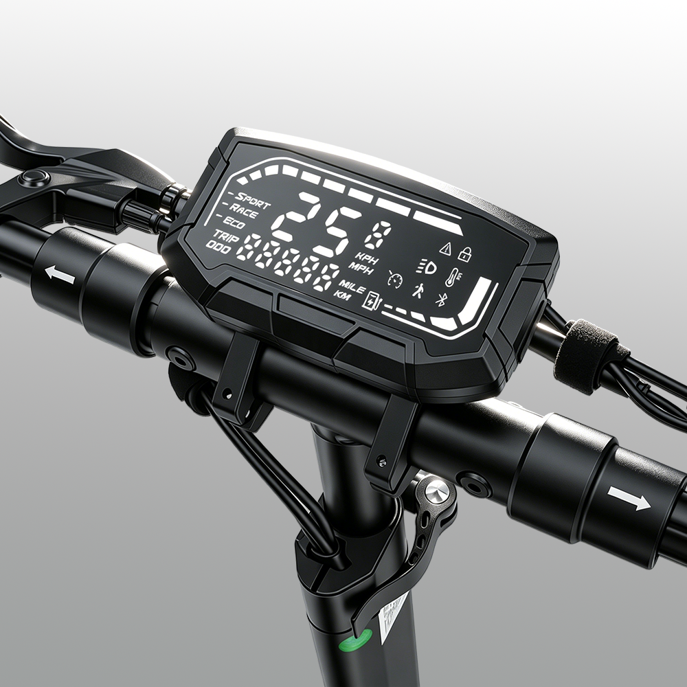 W9 Air scooter handlebar with digital LCD display showing speed, mode, trip data, and battery icons. The design highlights real‑time monitoring, smart controls, and rider convenience, making the screen a central hub of performance.