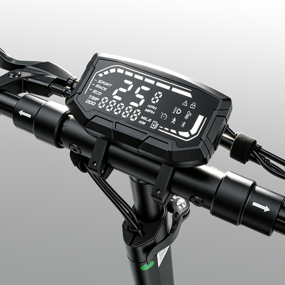 W9 Air scooter handlebar with digital LCD display showing speed, mode, trip data, and battery icons. The design highlights real‑time monitoring, smart controls, and rider convenience, making the screen a central hub of performance.