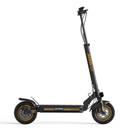 W9 Air scooter with a sleek black frame, orange accents, long deck, and tall handlebar with display. The design highlights modern style, sturdy build, and eco‑friendly urban mobility, making it a smart solution for city commuting.