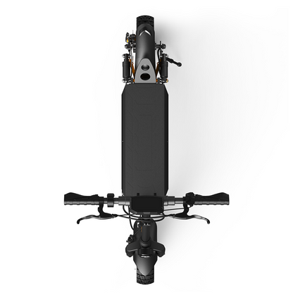 W9 Air scooter seen from above, showing a wide textured deck, front wheel, handlebars, and dual rear suspension. The design emphasizes balance, stability, and robust engineering, presenting a clear structural overview.