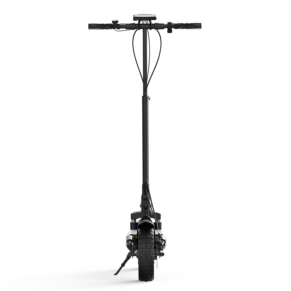 W9 Air scooter shown from the front, with a thick‑tread wheel, vertical stem, handlebars, and visible cables. The design highlights compact engineering, suspension near the wheel, and everyday functionality, presenting a clean, modern look.
