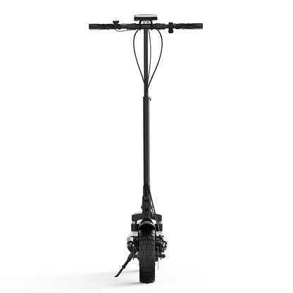W9 Air scooter shown from the front, with a thick‑tread wheel, vertical stem, handlebars, and visible cables. The design highlights compact engineering, suspension near the wheel, and everyday functionality, presenting a clean, modern look.