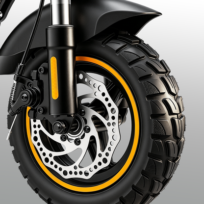 W9 Air's rugged front wheel with deep‑tread tire, yellow rim accent, and ventilated disc brake. The design emphasizes durability, safety, and style, showcasing the scooter’s precision braking and off‑road readiness.