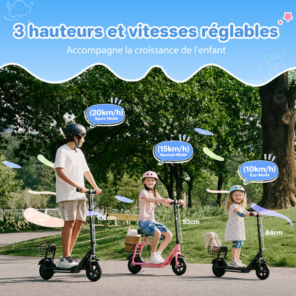 Promotional graphic for a kids' electric scooter featuring 3 adjustable handlebar heights (84 cm, 93 cm, and 102 cm) and 3 speed modes: Eco (10 km/h), Normal (15 km/h), and Sport (20 km/h). Children of different ages ride the scooters in a park, illustrating a design that grows with kids.