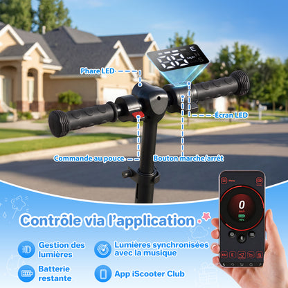 Illustration of a kids' electric scooter handlebar with Bluetooth smart app control, featuring a digital display, dual LED headlights, thumb control button, and power switch. A smartphone shows the iScooter Club app for controlling lights, checking battery level, and enabling music-synced ambient lighting.