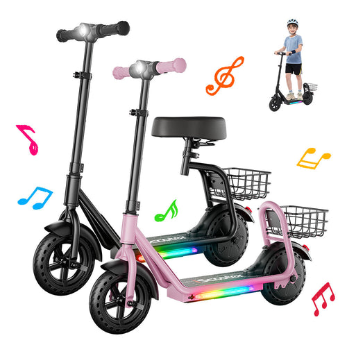 Collection of kids' electric scooters in black and pink, including stand-up and seated ride-on models with colorful LED light-up decks. Musical note icons and an image of a child riding a scooter highlight built-in music features and fun, child-friendly design.