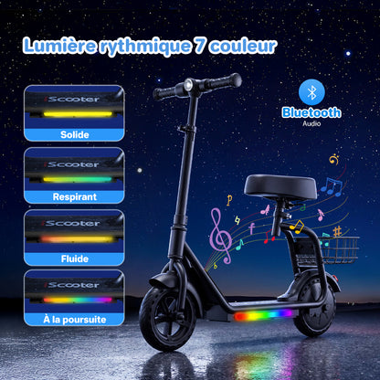 Promotional graphic of a kids' electric scooter with 7-color rhythm lighting and Bluetooth audio support. The scooter features colorful LED deck lights that sync with music and offer multiple lighting effects, including solid, breathing, flowing, and chasing modes, displayed against a nighttime background.