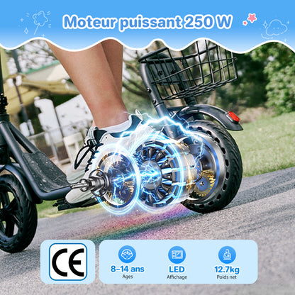 Promotional graphic highlighting a 250W motor on a kids' electric scooter. The rear hub motor is shown with a cutaway effect to emphasize power and performance. Additional features include CE certification, recommended for ages 8–14, an LED display, and a lightweight 12.7 kg design.