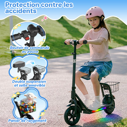 Young girl wearing a pink helmet riding a kids' electric scooter with colorful LED deck lights on a park path. The image highlights child-friendly safety and convenience features, including a thumb control button, dual shock removable seat, and rear storage basket for toys or personal items.