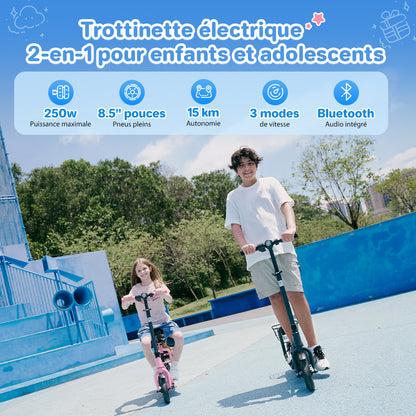 Children riding the iScooter iK7 2-in-1 electric scooter outdoors, highlighting key features including a 250W motor, 8.5-inch solid tires, 9.3-mile range, three speed modes, and Bluetooth audio for kids and teens.