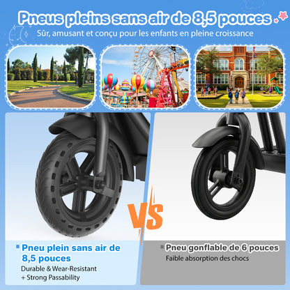 Comparison graphic showing 8.5-inch airless solid tires versus a 6-inch pneumatic tire for a kids' electric scooter. Highlights the airless tire's durable, wear-resistant construction and strong passability for riding on parks, playgrounds, and school paths, while noting the pneumatic tire's poorer shock absorption.